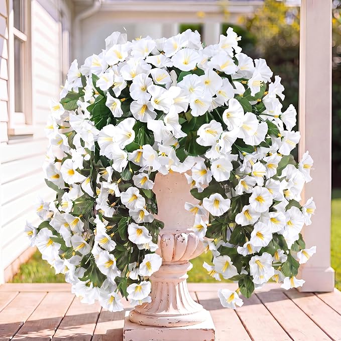 Sggvecsy Artificial Fake Hanging Flowers Plants for Outdoor Outside Spring Summer Decoration 2PCS Faux Silk UV Resistant Realistic Morning Glory Trailing Vines for Home Porch Patio Balcony(White)