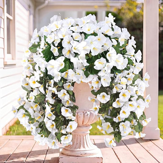 Sggvecsy Artificial Fake Hanging Flowers Plants for Outdoor Outside Spring Summer Decoration 4PCS Faux Silk UV Resistant Realistic Morning Glory Trailing Vines for Home Porch Patio Balcony(White)