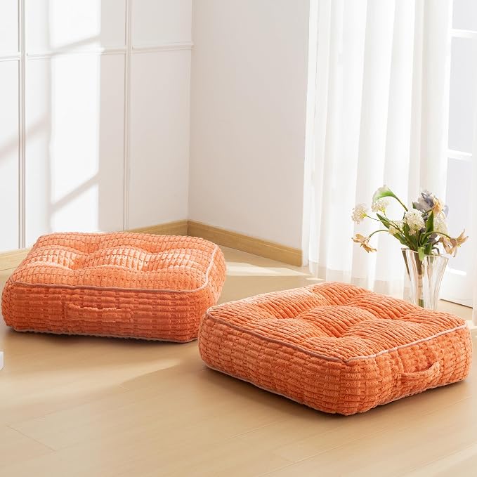 HIGOGOGO 6" Floor Pillow Cushion for Adults, Meditation Cushion Pillow, Blended Corduroy Cover, Large Square Floor Sitting for Tatami Living Room or Yoga, 2Pack, Coral