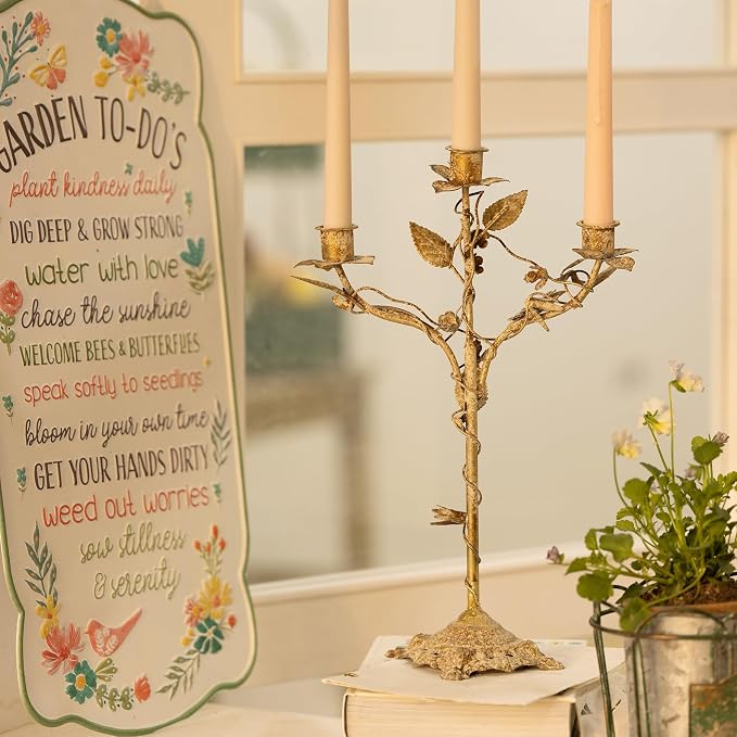 Vintage 3-Arm Metal Candelabra, Distressed Gold Leaf & Floral Design Candle Holder, 14.37" Tall Tabletop Candlestick Stand for Wedding, Dining Table & Home Decor