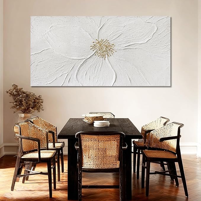 Elegant Floral Abstract Wall Art, Hand Painted Textured Canvas in Soft Ivory and Warm Neutral Tones with Subtle Gold Detail, Modern Wall Decor for Living Room or Bedroom, Ready to Hang, 24×48 Inch