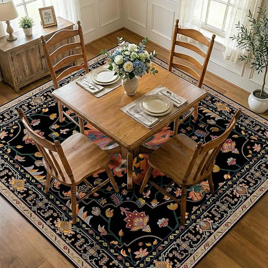 RELEANY Area Rugs Square 7ft Washable Non-Slip, Floral Vintage Distress Print Pattern Medallion Carpet for Living Room Bedroom Dining Room, Black Colorful Floral Dark Tan
