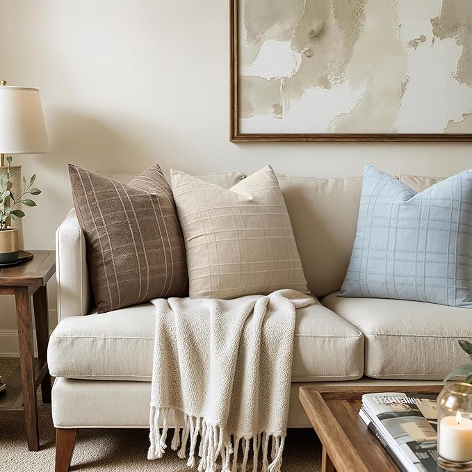 MIULEE Decorative Linen Check Throw Pillow Covers Neutral Farmhouse Vintage Pillow Covers 18x18 Set of 2 Boho Modern Home Decor for Sofa Couch Bedroom Cushion Coastal Blue