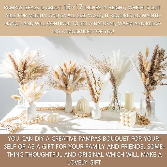 150pcs Pampas Grass + 1 White Ceramic vase + 1 Wood Bead Garland , Boho Home Decor Bouquet Phragmites Dried Flowers Bouquet for Wedding Floral Arrangements Home Decorations