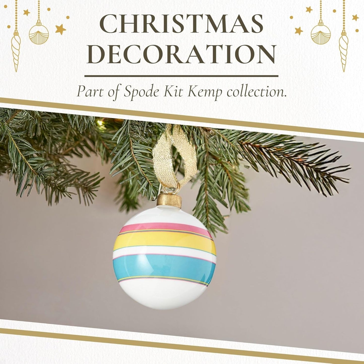 Spode Kit Kemp Christmas Ornament - Calypso Stripe Bauble- Porcelain Handcrafted Festive Charm, Unique Holiday Ornaments with Whimsical Design, Collectible Keepsake Holiday Decoration for Gifting