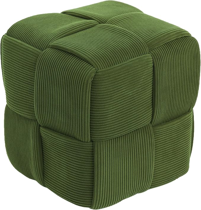 Cmishe 15" Square Woven Corduroy Ottoman Footrest - Modern Vanity Stool for Living Room & Entryway, Eco-Friendly Wood Frame, No Assembly (Green)