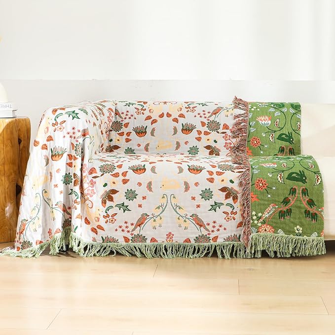 Boho Ultra Soft Throw Blanket 60''x80',100% Cotton Blankets for Couch Bed,Squirrel Farmhouse Home Decor Bed Blankets, All Season Rustic Reversible Bohemian Lightweight Throw for Bed -Light Green ﻿