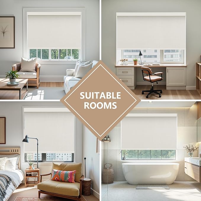 AOSKY Linen Roller Blinds Shades for Indoor Windows Pull Down Cordless Blackout Black Out Window Shade 42 Inch Blinds for Home Beige