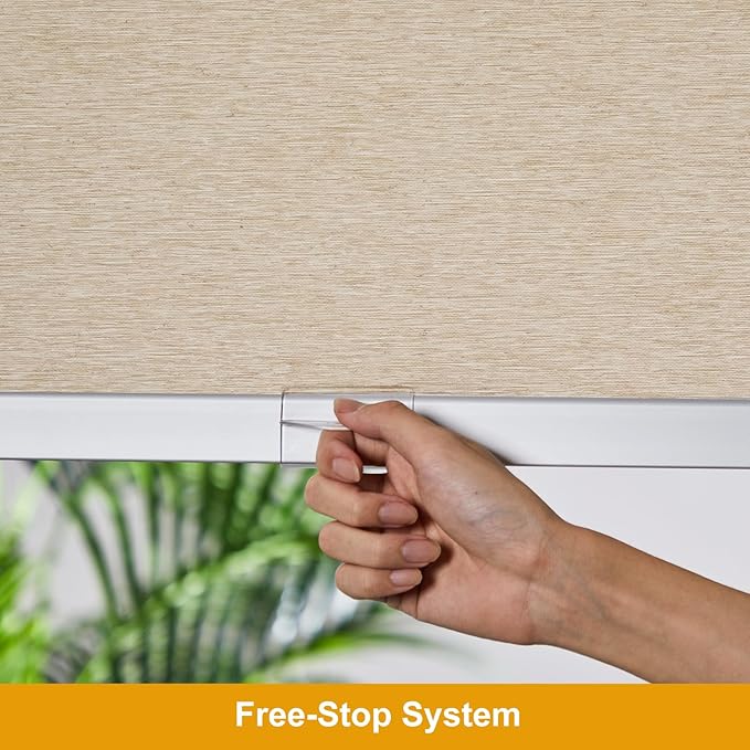 Persilux Free-Stop Cordless 100% Blackout Roller Shades for Windows, Natural Woven Fabric UV Protection Privacy Thermal Insulated Window Blinds for Indoor Windows, Home, Bedroom, Khaki 22" W x 72" H