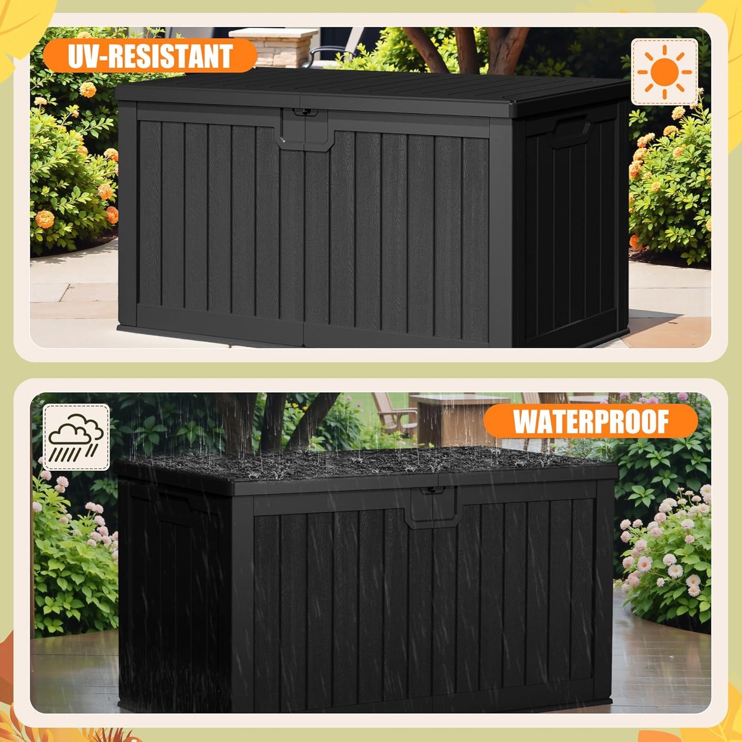 Devoko 240 Gallon Double-Wall Deck Box with Divider, Side Handles, Resin Outdoor Large Storage Box Waterproof and Lockable for Patio Furniture, Garden, Pool (Black)
