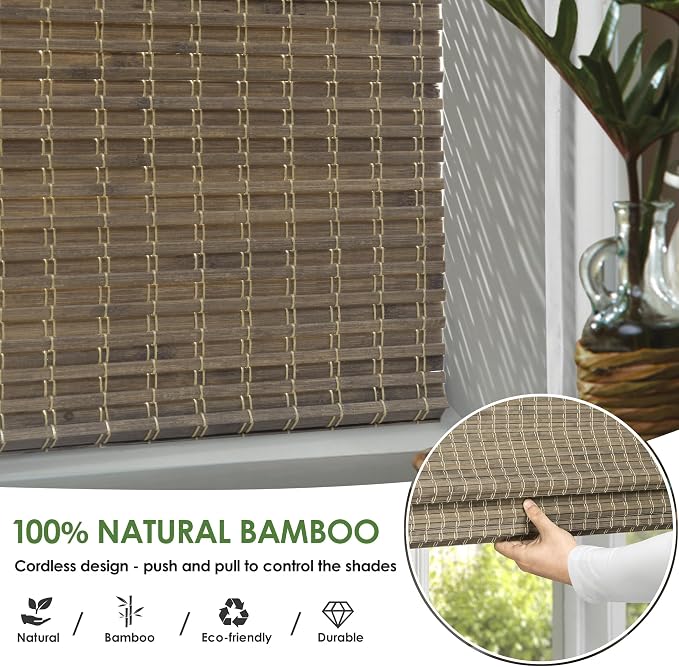 LazBlinds Cordless Bamboo Roman Shades, 31.5x64, BDP-Driftwood | Privacy Blinds for Interior Windows, Room Darkening Roll Up Bamboo Blinds for Home & Patio