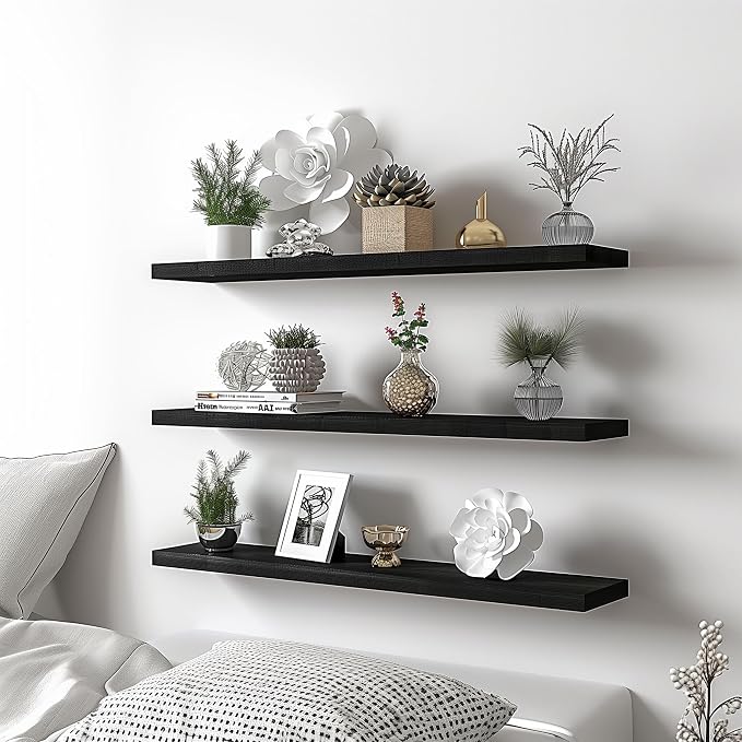 YYWUOJJ Wood Floating Shelves for Wall Decor, Rustic Wall Shelves for Bedroom Bathroom Kitchen Living Room, Set of 4 Black 36 Inch