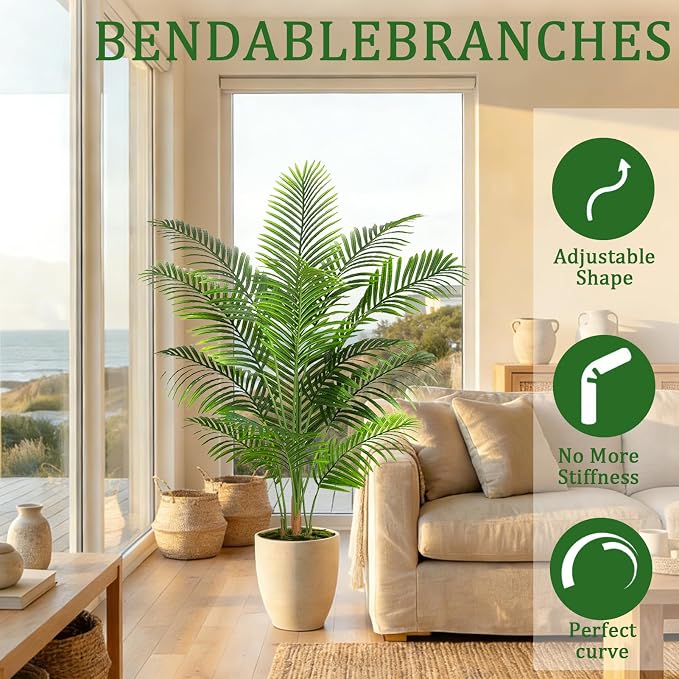 Artificial Palm Tree Plant 6FT Tall Fake Tropical Palm Tree in Pot, Real Bark Design Faux Areca Palm Tree for Home Office Living Room Bedroom Farmhouse Modern Indoor Outdoor Topiary Tree (18 Trunks)
