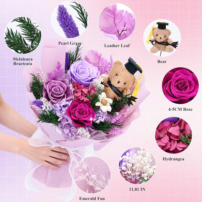“So Proud of You”Preserved Purple Bouquet with Graduation Bear in Cap Gown | Real Eternal Flowers with Vase