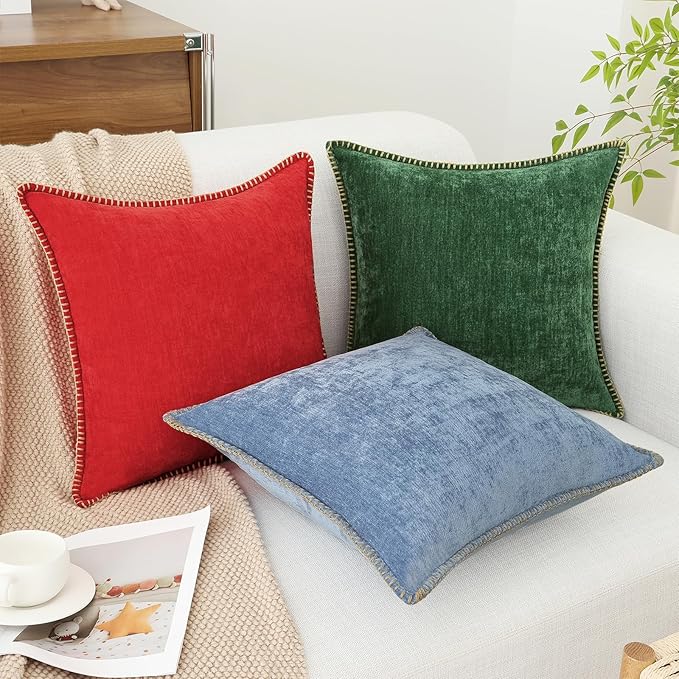 decorUhome Chenille Soft Cozy Throw Pillow Covers 20x20 Set of 2, Modern Farmhouse Boho Velvet Decorative Pillow Cases with Stitched Edge for Couch Sofa Bed Home Decor, Blue