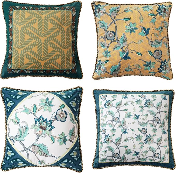 patdrea Designer French Velvet Couch Throw Pillow Cover,Set of 4,-Noah | Elegant Lumbar Pillow Case,Green Vintage Floral Design,Decorative Cushion Cover for Chair,Living Room,Bedroom