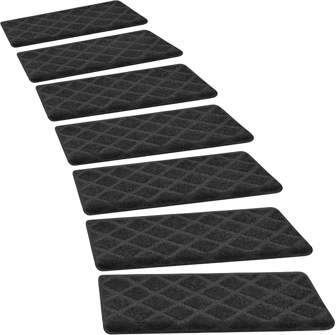 PURE ERA Bullnose Carpet Stair Treads Tape Free Non-Slip Indoor Stair Protectors Pet Friendly Stair Treads for Wooden Steps 9.5" x 30"(7 Pieces,Black Diamond Trellis)