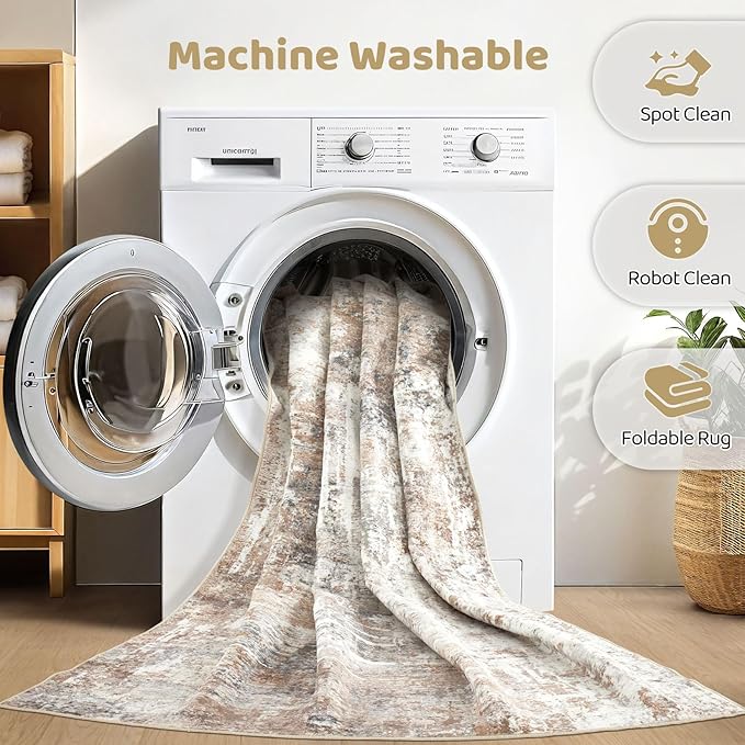 LOONGRUG 7x9 Area Rug Living Room: Machine Washable Large Abstract Soft Rugs Stain Resistant Indoor Floor Non Slip Accent Carpet for Bedroom Nursery Playroom Office Dining Room Dorm Home House- Brown