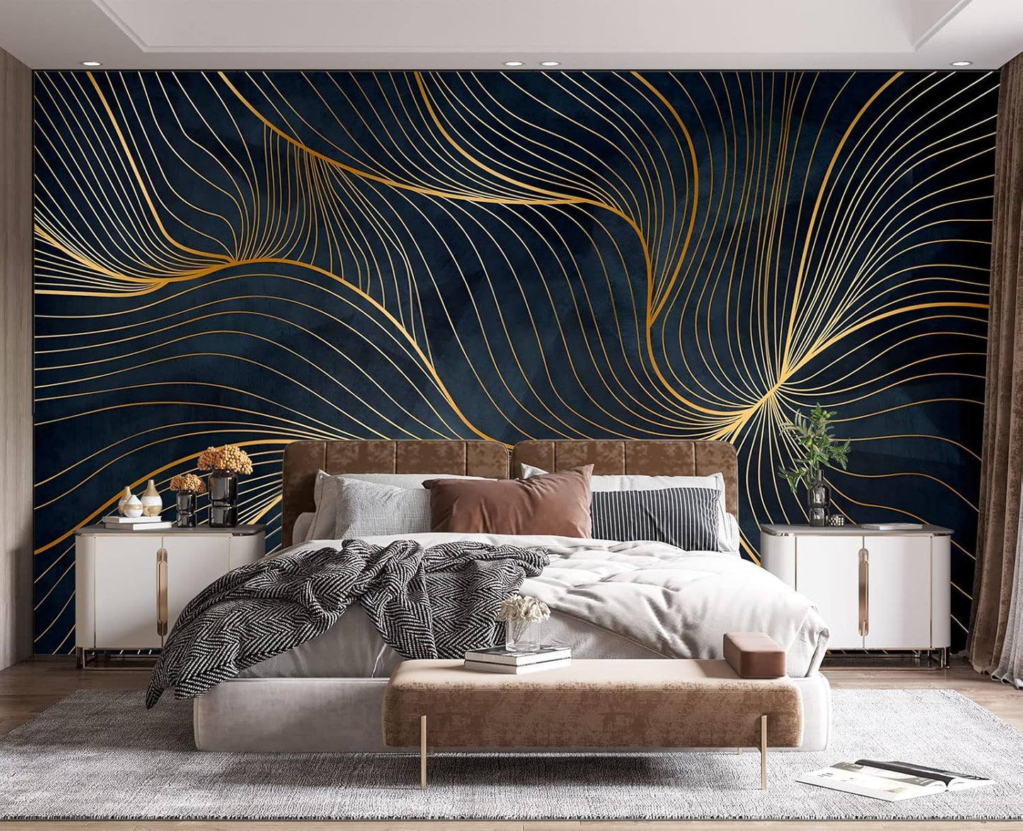 Simple Golden Lines Wall Mural Wallpaper for Bedroom 103" x 69"