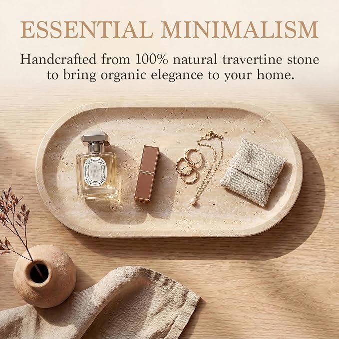 Natural Italian Travertine Tray Oval Decorative Marble Vanity Tray for Bathroom Countertop Hand-Polished Organizer for Kitchen Soap Jewelry Coffee Table Beige (11.8X5.9 Inch)