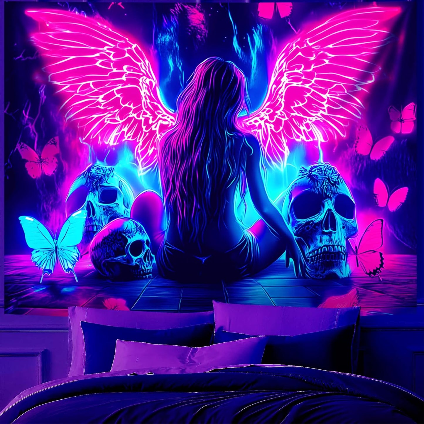 Blacklight Tapestry,WingTapestry Glow In The Dark,UV Reactive Black Light Upright Posters Wall Hanging for Bedroom Dorm Living Room Backdrop Decor (wing12, 59L" x 51W")
