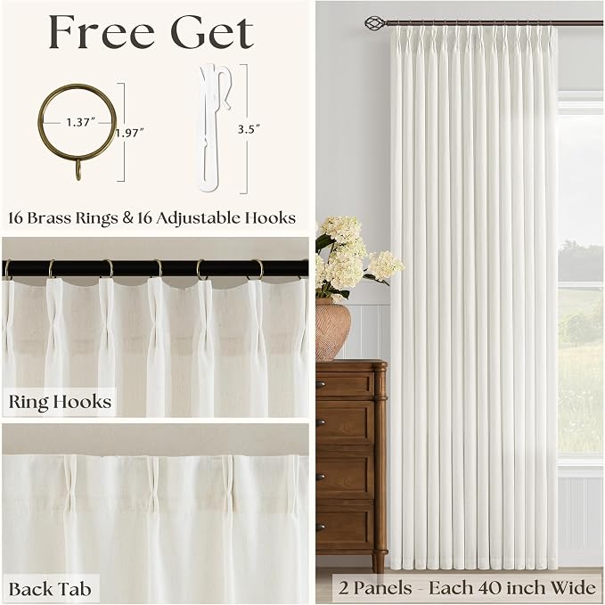 Cream Semi Sheer Linen Pinch Pleated Curtains 54 Inch Long | Neutral Ivory Beige Natural, Small, Light-Filtering Privacy, Bedroom, Boho Modern, Hook Rings Memory Shape, Burlap Textured