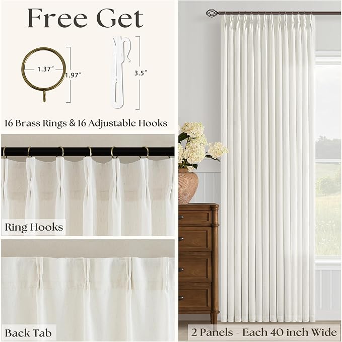 Natural Cream Semi Sheer Pinch Pleated Linen Curtains 94 Inch Long | Beige Ivory Neutral, Light Filtering Privacy, Bedroom Living Room, Flax Linen Textured, Hook Rings Memory Shape, Boho Modern
