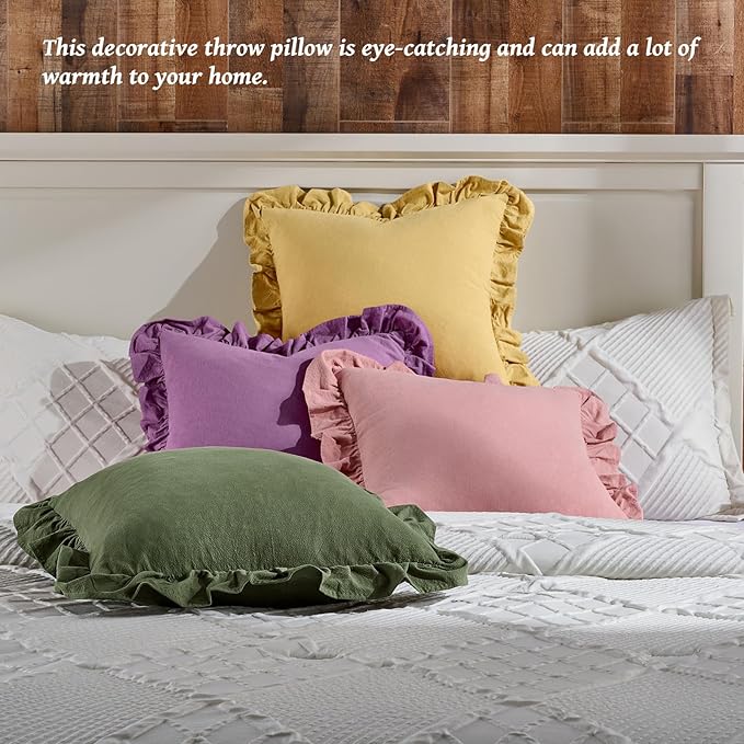 AmHoo Pack of 2 Throw Pillow Covers 100% Cotton Pre Washed Ruffle Decorative Pillowcase Cushion for Couch Sofa Bedroom 18 x 18-Inch Bridal Rose