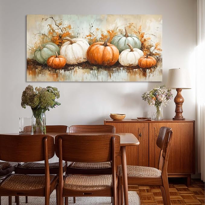 Ggaafet Autumn Pumpkin Wall Art for Living Room Canvas Oil Painting Prints Beautiful Fall Still Life Art Deco Retro Rustic Artwork Office Bedroom Farmhouse Dining Room Decor Large
