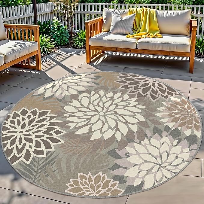 6x6 Outdoor Area Rug Washable Multicolored Patio Rug Tropical Botanical Floral Chenille Waterproof Outdoor Carpet for Living Room, Deck, Backyard, Porch, Taupe