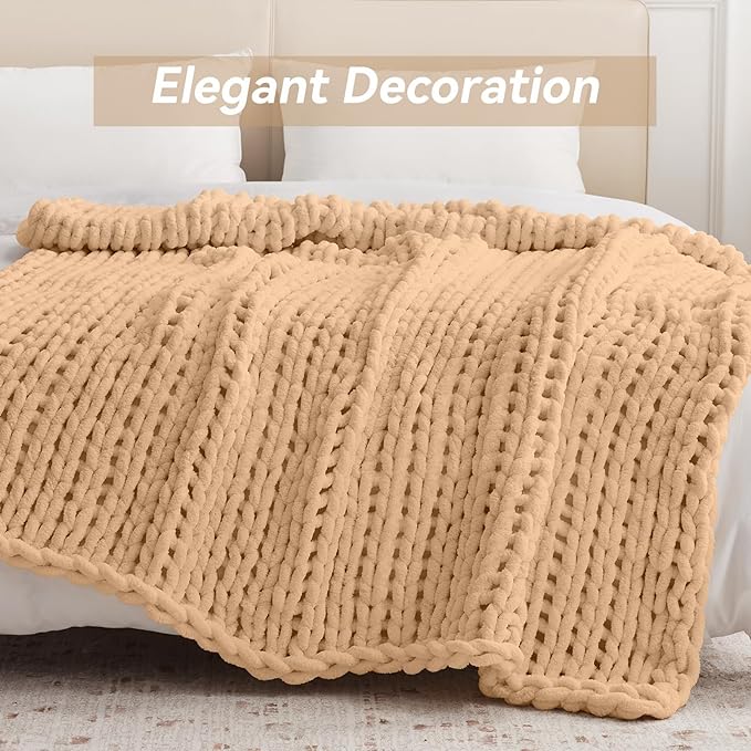 Negwoo Chunky Knit Throw Blanket, 80''*90'' Knitted Throw Chenille Yarn for Bed Couch, Handmade Beige Crochet Big Thick Blanket, Machine Washable Cute Comfy Blanket for Home Decor