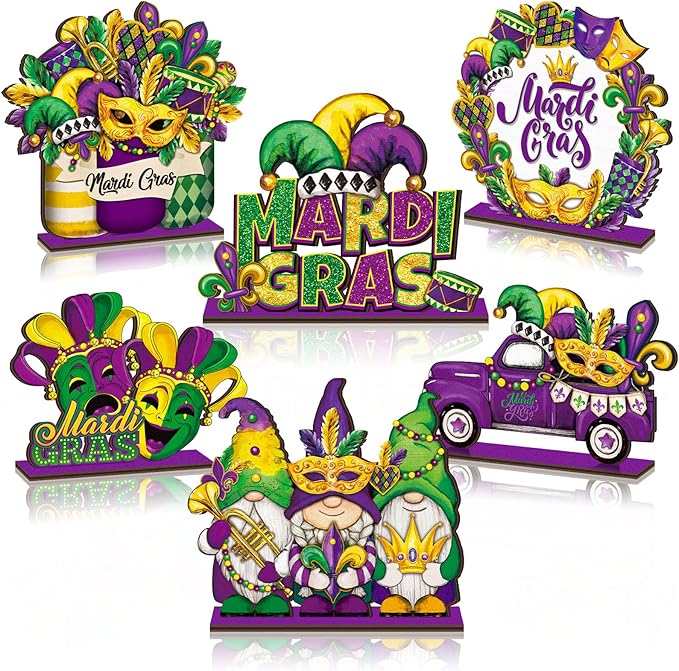 Cinnvoice 6 Pcs Mardi Gras Table Decorations Wooden Table Centerpieces Rustic Wood Tabletop Sign Decorations for Home Kitchen Office Farmhouse Desk Shelves Party Tiered Tray Decor