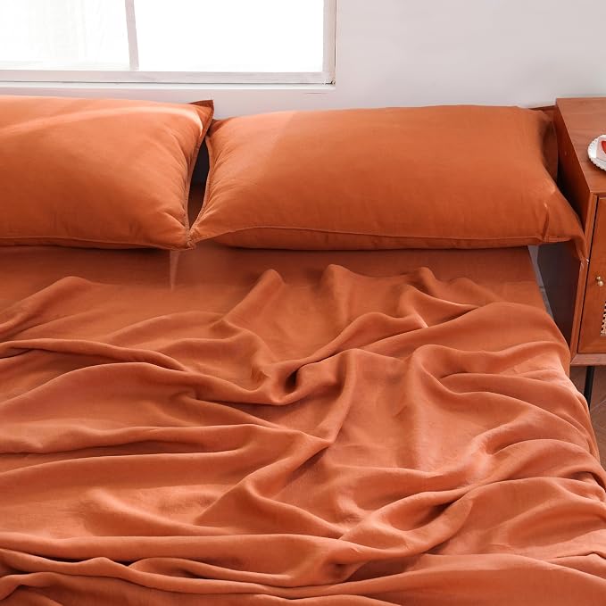 Linen World 100% French Natural Linen Pillowcase Set of 2 - Stone Washed Moisture-Absorbing King Size(20''x40''),Rust