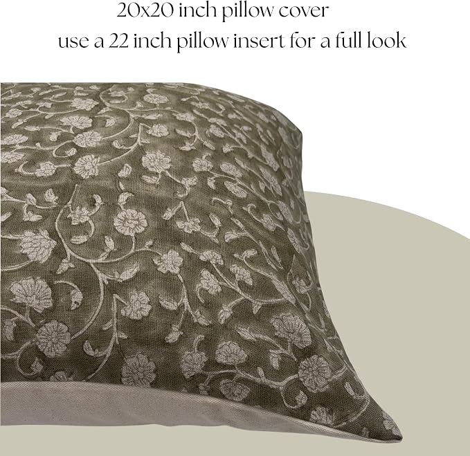 Linen Throw Pillow Covers 20x20 inch Floral Pillows Green Spring Decorative Pillow Covers for Living Room, Bedroom
