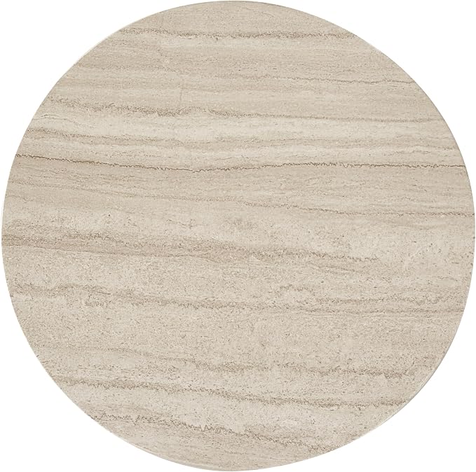 24/7 Shop at Home Ranera Modern 14-inch Natural Stone Side Table with Round Drum Base, Marble Nightstand, Patio End Table, for Living Room, Covered Outdoor Spaces, Balcony, Beige Travertine