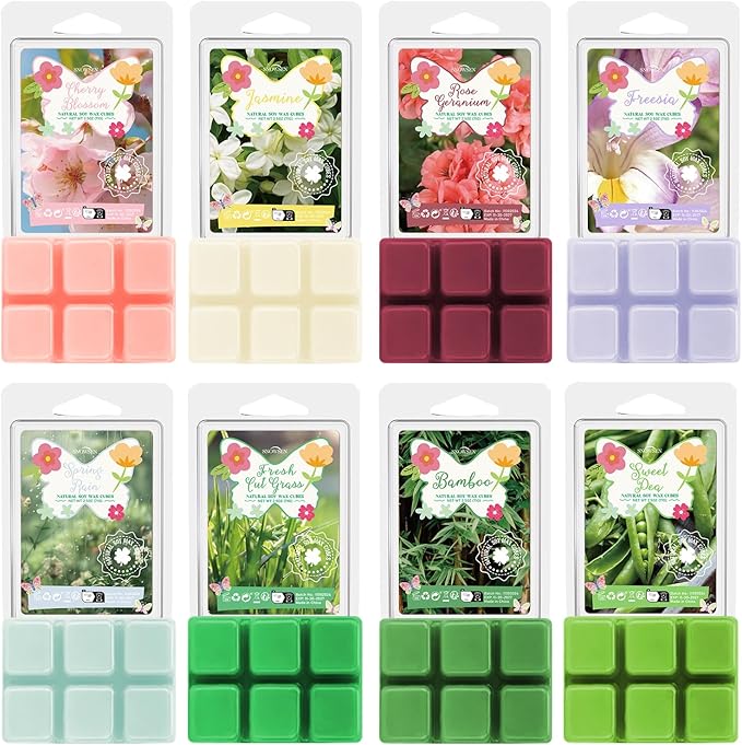Spring Scented Wax Melts, Soy Wax Cubes Gift Set, Strong Fragrance Wax Tarts for Wax Warmer, Cherry Blossom, Jasmine, Freesia, Sweet Pea, Spring Rain, Fresh Cut Grass, Bamboo, Rose Geranium