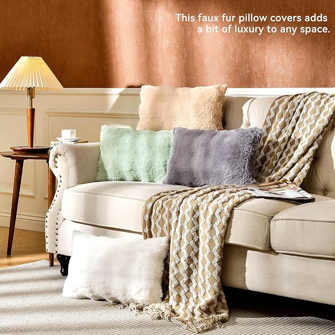 AmHoo Pack of 2 Throw Pillow Covers 3D Dense Faux Rabbit Fur Cozy Super Soft Fuzzy Set Case Cushion for Couch Sofa Bedroom 12 x 20-Inch Grey