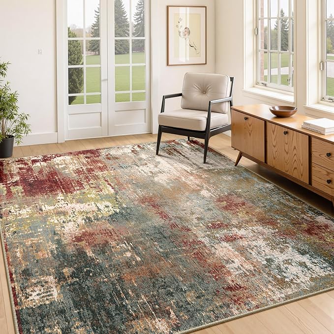 RELEANY Washable Area Rugs 4'x5' Non-Slip Modern Abstract Soft for Living Room Entryway Bedroom Nursery, Print Pattern, Brown Rust Red Green Blue Multi