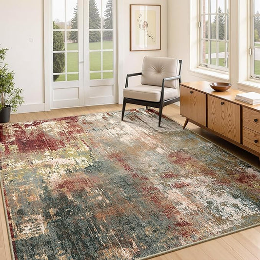 RELEANY Washable Area Rugs 4'x5' Non-Slip Modern Abstract Soft for Living Room Entryway Bedroom Nursery, Print Pattern, Brown Rust Red Green Blue Multi