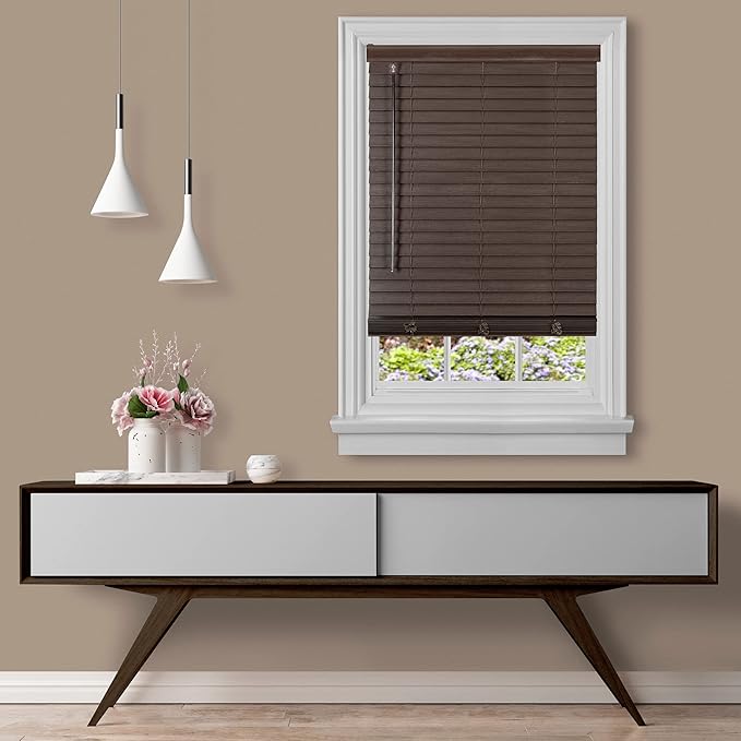Cordless Room Darkening Plantation Blind - 33 Inch Width, 64 Inch Length, 2" Vinyl Slat Size - Mahogany - GII Madera Falsa Faux Wood, Light Filtering Horizontal Windows Blinds by Achim Home Decor