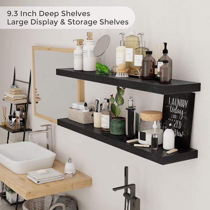 48 inch Floating Shelves, Black Extra Long Floating Shelves with Invisible Brackets, 9.3in Deep Wooden Shelf for Living Room, Bathroom, Kitchen, Office, Floating TV Stand, 2 Packs