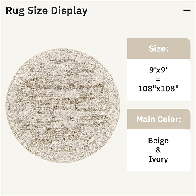 Soalmost 9x9 Brown Round Rug 9ft Living Room Circle Rug Vintage Round Area Rug Non Slip Indoor Carpet for Apartment