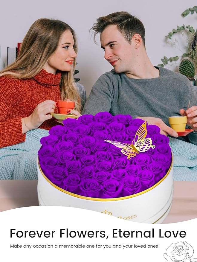 47 Preserved Roses Forever Flowers Real Roses in a Box Mother's Day Birthday Flowers for Her Mom Women Wife Valentine's Day, Purple Roses