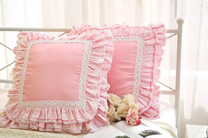 2-Pack Luxury Lace Pink Euro Shams Throw Pillow Covers Cushion Cases with Ruffles Cotton 26"X26" Zipper Closure Elegant