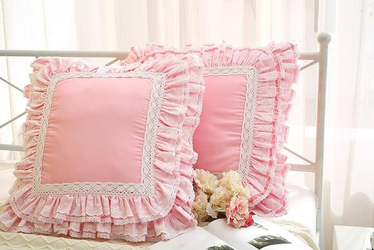 2-Pack Luxury Lace Pink Euro Shams Throw Pillow Covers Cushion Cases with Ruffles Cotton 26"X26" Zipper Closure Elegant