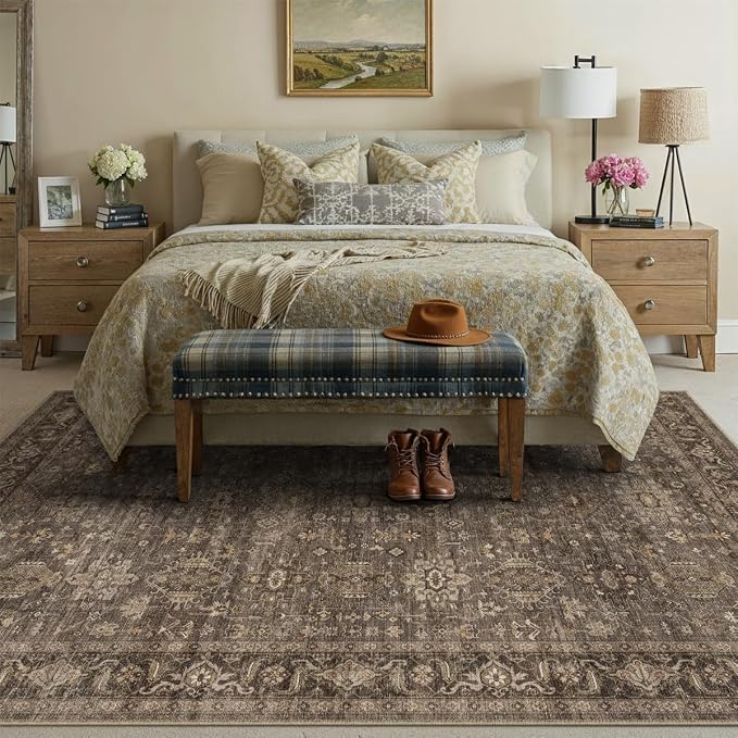 5x8 Washable Area Rug for Living Room Bedroom Vintage Brown Soft Low Pile Carpet Traditional Retro Non Slip Throw Rug for Dining Room Entryway Indoor Dorm Kitchen
