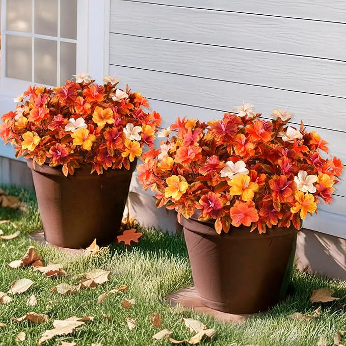 Hommyea Artificial Fake Fall Flowers for Outdoor Decor 8 Bundles UV Resistant Artificial Plants Outdoor Look Real Faux Silk Autumn Flowers for Porch Planters Garden Yard Decorations
