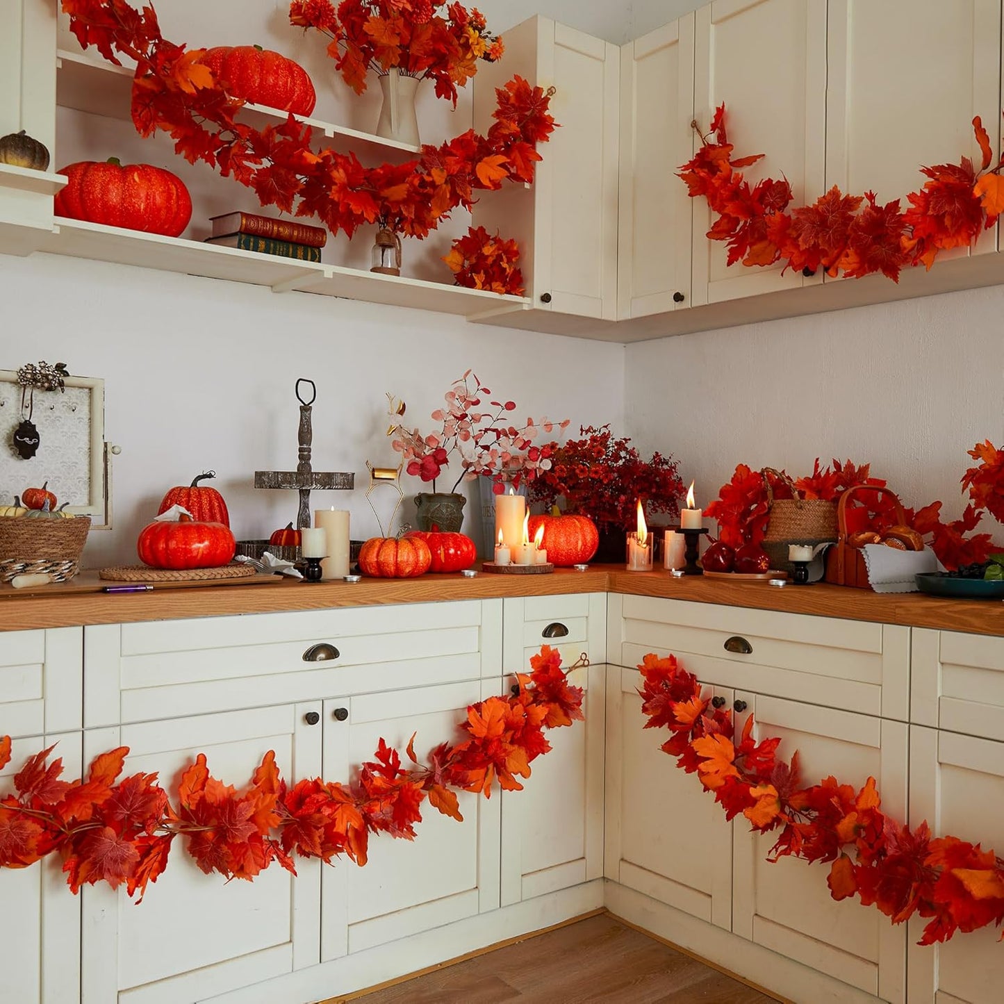 PARTY JOY 6PCS Orange Leaf Garland, 5.6Ft Halloween Garland Artificial Maple Leaf Autumn Hanging Fall Vines Thanksgiving Decorations Fall Decor