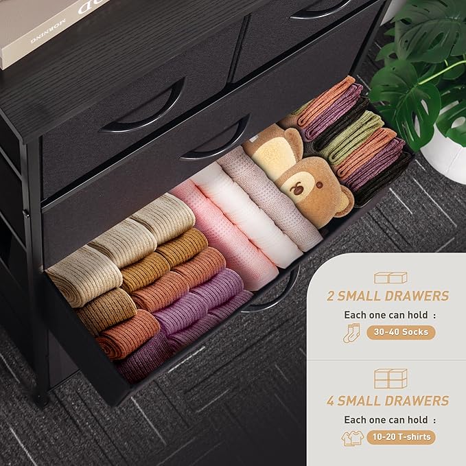 Mifuro Tall Dresser for Bedroom, Vertical Storage Organizer Tower with 6 Drawers, Chest of Drawers with Fabric Bins, Steel Frame, Wood Top for Bedroom, Closet, Entryway- Black