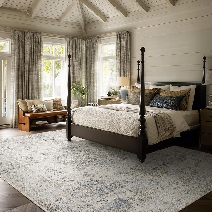 Machine Washable Rugs for Living Room: 9x12 Area Rugs for Bedroom Ultra Soft Non-Slip Low Pile Vintage Distress Boho Large Carpet for High-Traffic Dining Room - Farmhouse Decor